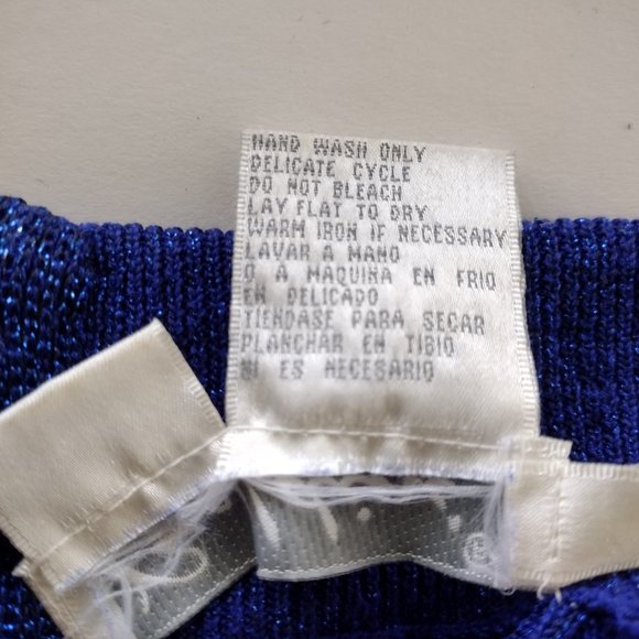 Vintage 1980s Blue Metallic Silk Beaded Stretch Knit Mock Neck Sweater - Picture 12 of 12